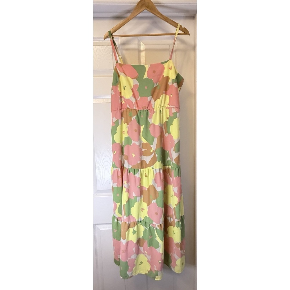 Social Standard by Sanctuary Midi Dress Women XXL Pink Yellow Floral Tiered Boho